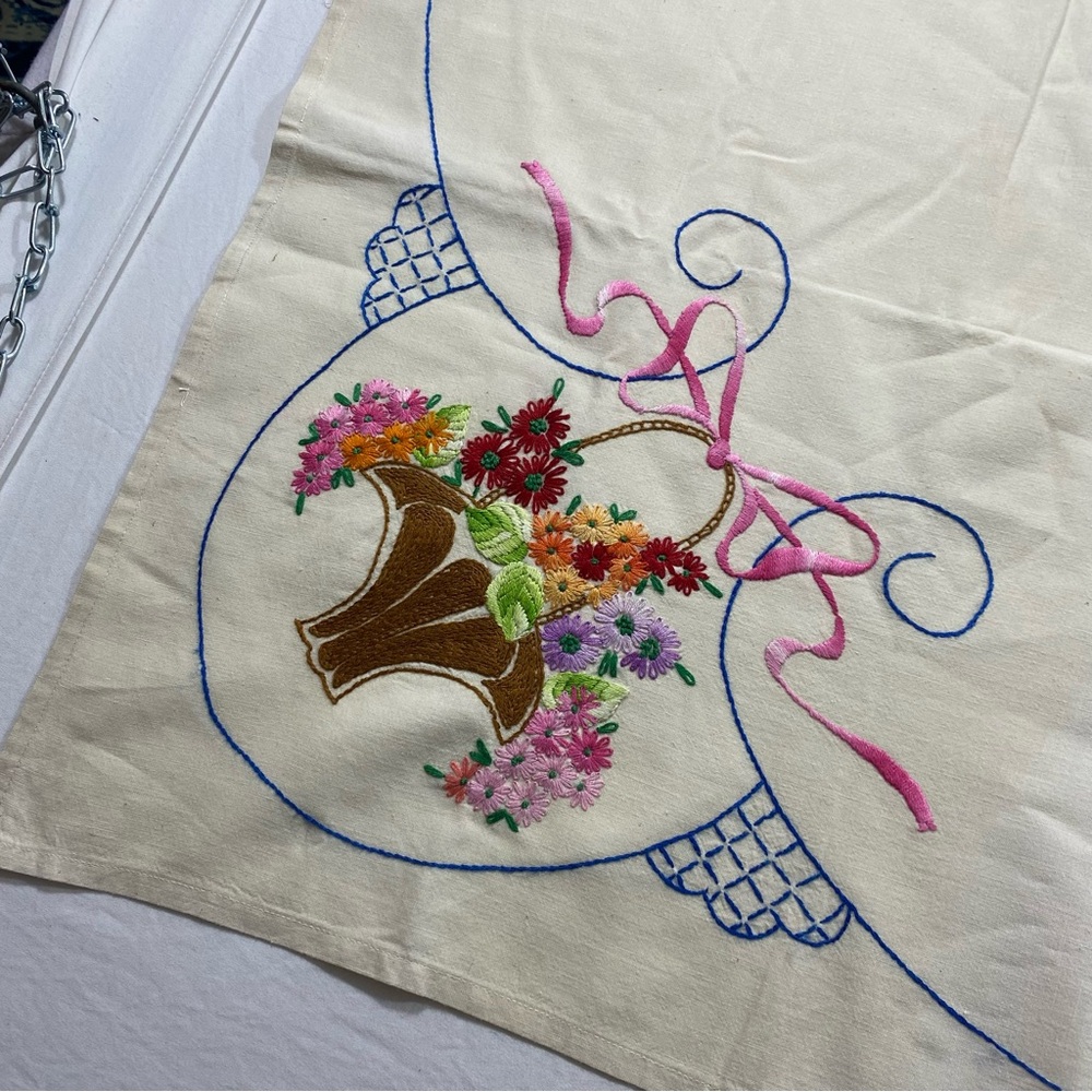 Vintage Embroidered Floral Tablecloth with Blue Accents Basket bouquet flowers